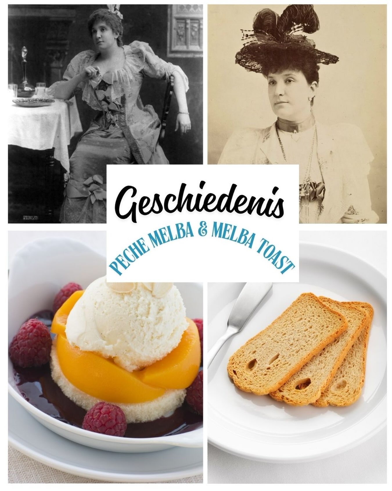 Op mijn blog heb ik meer dan 100 afleveringen geschreven over de geschiedenis van beroemde recepten, producten of merken. Mooie verhalen die ik ook graag hier wil delen. Dus vanaf nu is iedere vrijdag ‘geschiedenisdag’. Met vandaag: de geschiedenis van de peche melba en de melba toast. Melba toast Als er maar liefst twee gerechten naar je zijn vernoemd, dan kun je wel zeggen dat je wereldberoemd was.Dat was Nellie Melba (1861-1931) dan ook. Deze Australische sopraan toerde jarenlang over de hele wereld. Nellie Melba was de artiestennaam van Helen Porter Mitchell. Haar naam leidde ze af van de stad Melbourne. Toen Nellie Melba in 1897 erg ziek was en zich aan een dieet moest houden, creëerde de Franse chef-kok Auguste Escoffier de Melba toast voor haar. Naar het schijnt omdat hij verliefd op haar was. En blijkbaar gaat ook de liefde van de vrouw door de maag, zelfs als je ziek bent! Melba toast is feitelijk een geroosterde snee brood die je zijdelings halveert en daarna nog een keer roostert. Een andere versie van het verhaal luidt dan ook dat diva Nellie herstellende was van een griepje en de door haar bestelde toast veel te dik vond. Ze bleef deze maar terugsturen naar de keuken totdat uiteindelijk de flinterdunne toast overbleef: Melba toast. Pêche Melba Pêche Melba is een klassiek dessert, gemaakt met vanille-roomijs, halve witte gepocheerde perziken, een saus van frambozen en poedersuiker en geschaafde amandelen.
Het was wederom de Franse topkok Auguste Escoffier die dit gerecht in 1892 creëerde voor Nellie Melba. Het werd geserveerd in het Hotel Savoy in London waar Escoffier destijds werkte. Het gerecht was het gevolg van een compromis: Nellie stond erop om tijdens het galadiner pêches flambée geserveerd te krijgen, Escoffier wilde persé ijs serveren. Als dank voor deze oplossing gaf Nellie Escoffier toestemming dit nieuwe gerecht naar haar te noemen.
#geschiedenis #culinairegeschiedenis #pechemelba #melbatoast