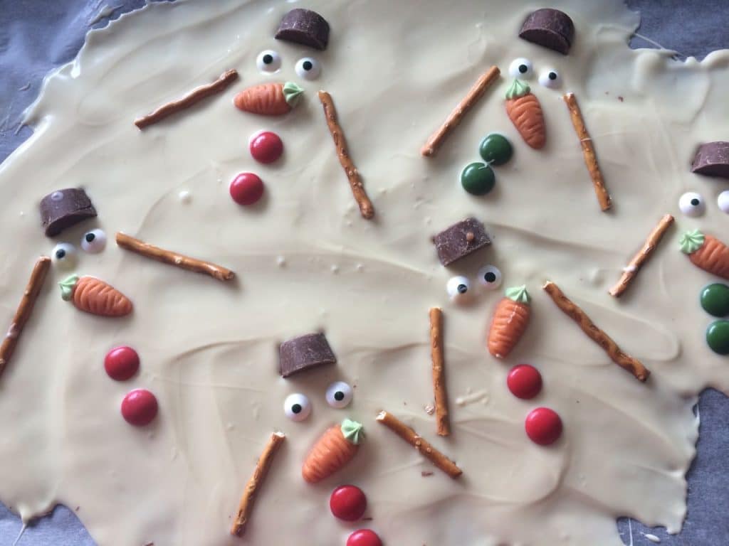 melted snowman chocolate bark