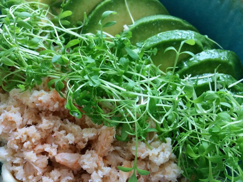 poké bowl met avocado en krab