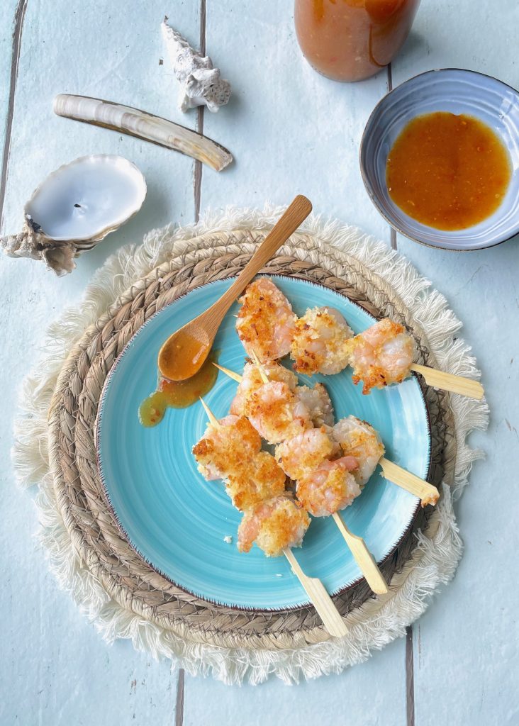 kokosgarnalen met mango chilisaus