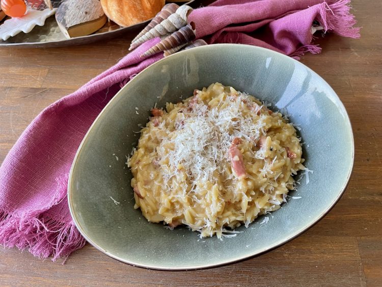 Eenpans orzotto carbonara